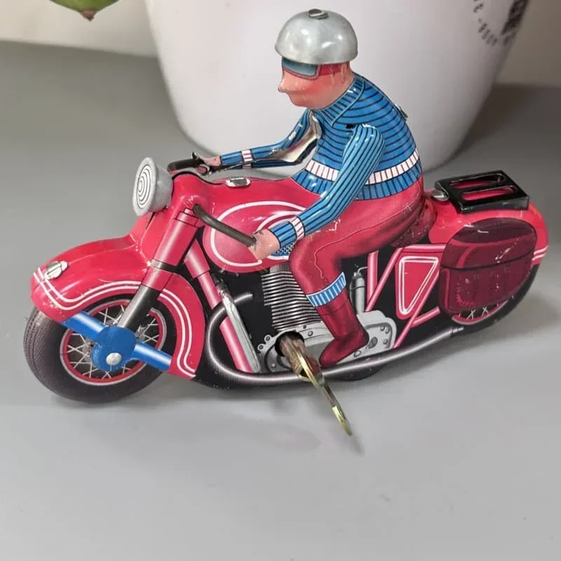 [Divertido] colección clásica, motocicleta de relojería Retro, juguete de cuerda, engranaje de estaño de Metal, paseo en la motocicleta, juguete mecánico, regalo para niños