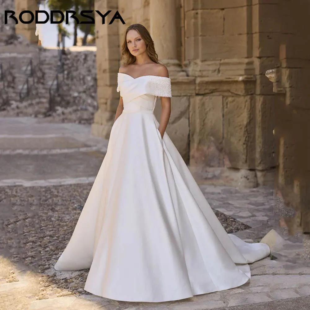 

RODDRSYA Elegant Princess Ballgown Wedding Dress Beaded Off Shoulder V-back Bride Gown A-line Satin vestidos de novia Customized