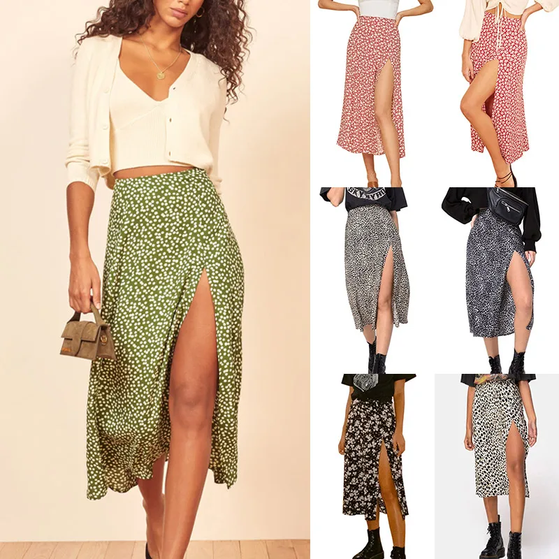 

Elegant Leopard Printing Long Skirt Women Sexy High Waist Split Midi Skirts Office Lady Bodycon A Line Skirts Beach Casual Midi