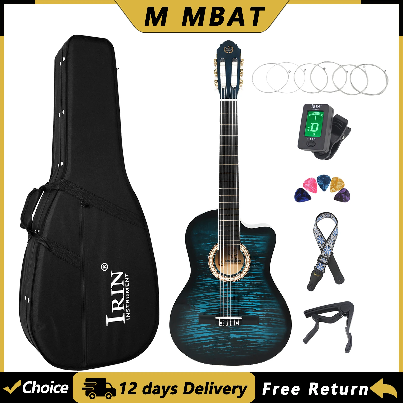 M MBAT 39 Inch Classical Guitar 19 Fret Spruce Panel Classic Guitar Stringed Instrument with Case Tuner Strap Accessories
