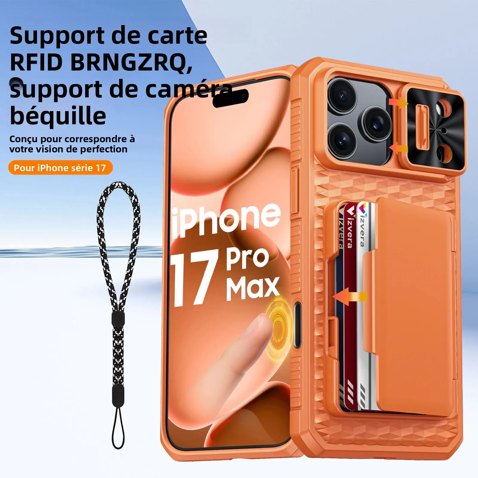 Avec porte-carte, housse de caméra coulissante et support pour iPhone 17 Pro/17 Pro Max, étui portefeuille Anti-chute PC + TPU-Orange