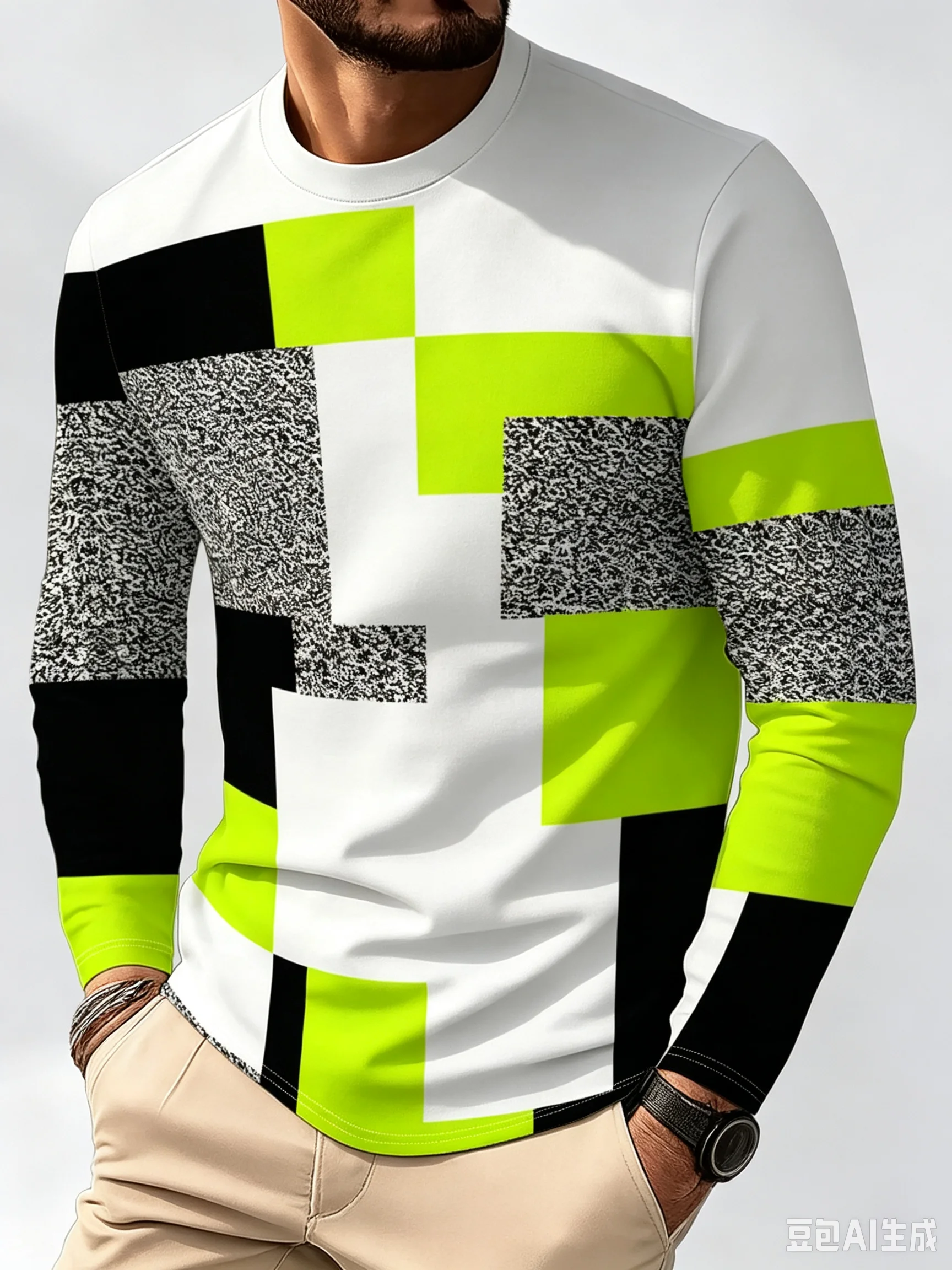 Men's Long-Sleeved T-Shirt Colorful Irregular Plaid Graphics O-Neck Spring Autumn Outdoor Sports Tops Tees Casual Men's Clothes