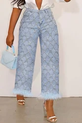 Fashion Women's Denim Pant Plus Size Daily Jean Light Blue Denim High Waist Drilling Straight Leg Feather Jean Ankle-Length Pant