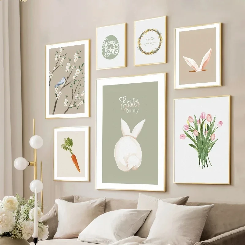 Easter Bunny Carrot Egg Poster Prints Spring Cartoon Girls Nursery Wall Art Canvas Painting Baby Children Room Home Decoration