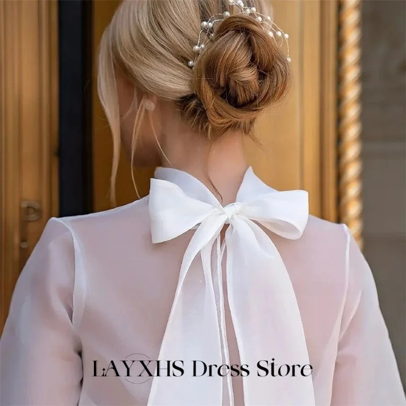 LAYXHS シンプルなウェディングドレス ハイネック A ライン 長袖 オーガンザ ボタン リボン ブライダル ドレス カスタマイズ hochzeitspartykleid