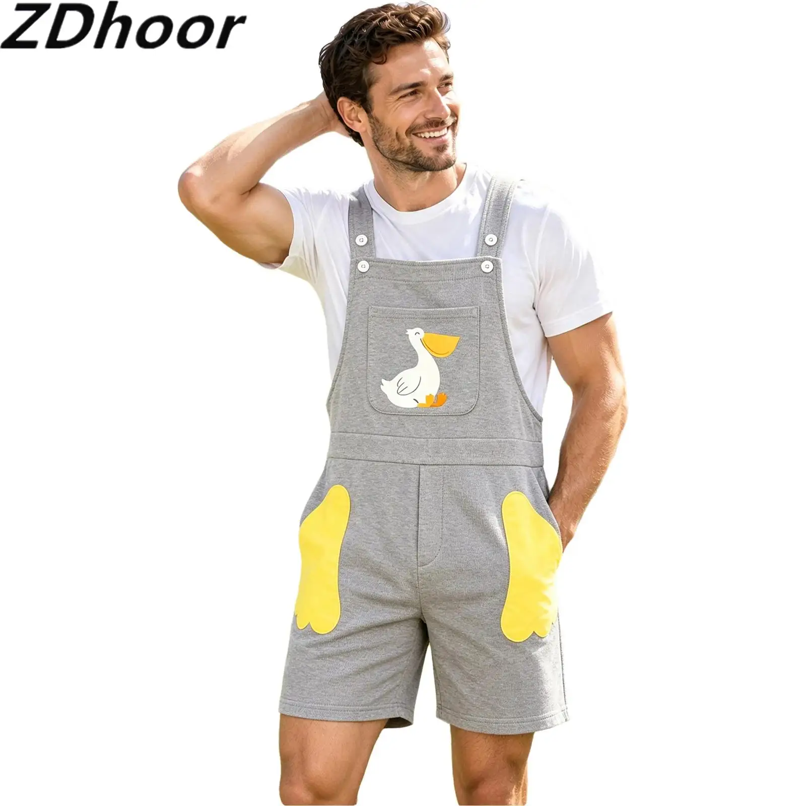 Men Duck Print Overalls Adjustable Straps Bib Shorts with Pockets for Casual Daily Life Party Theme Event Family Gathering