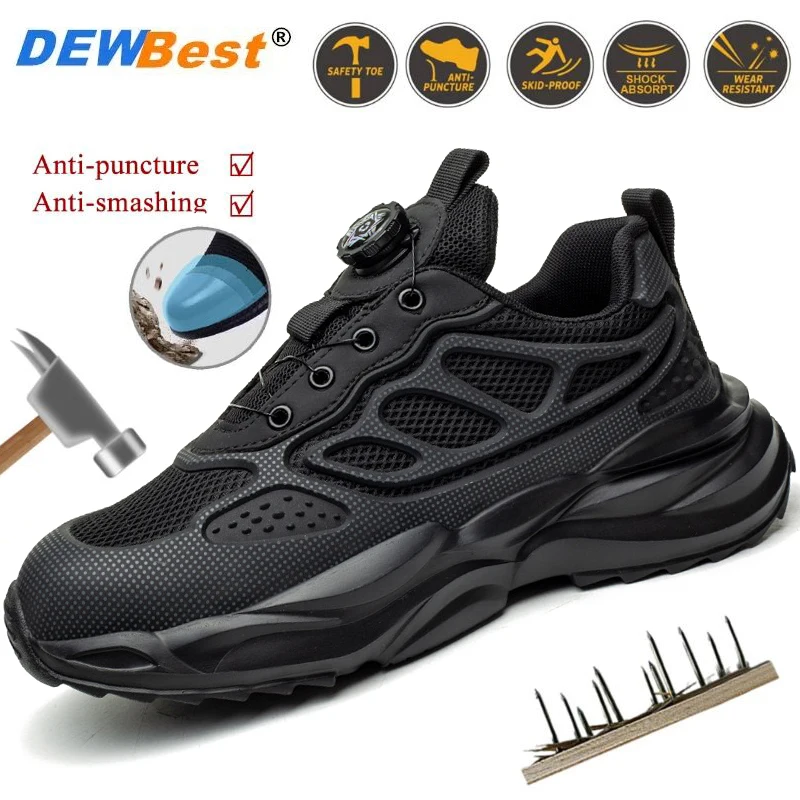 Fashionable new safety shoes for men and women anti-smash anti-puncture lightweight breathable mesh steel head rotating buttons