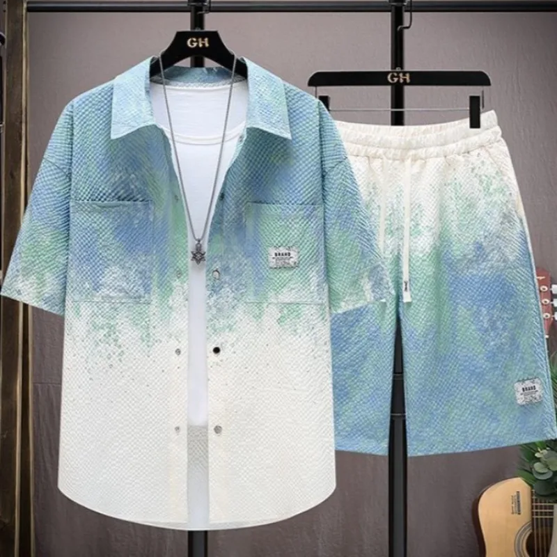 ​Complete Summer Look Men's Short Sleeve Shirt Shorts Set Youthful Casual Outfit Lightweight Breathable​