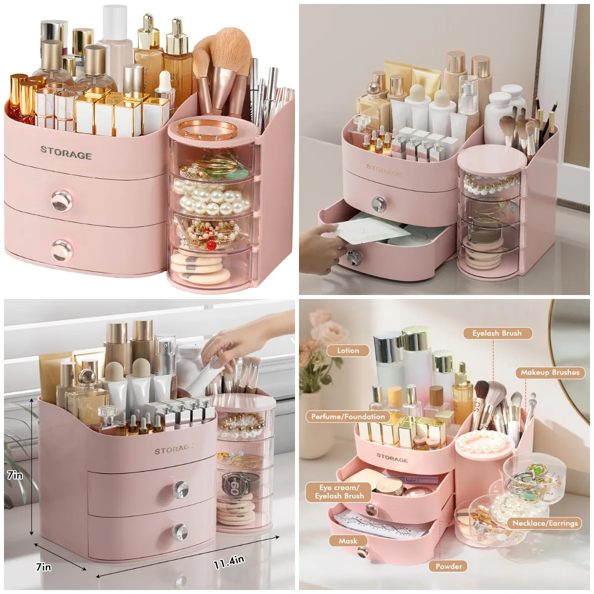 

Розовый органайзер для макияжа с ящиками, хранилище косметики для туалетного столика, ухода за кожей и демонстрации ювелирных изделий — идеальный подарок для женщин