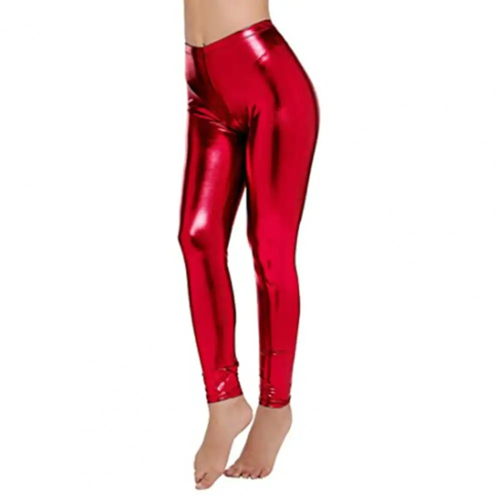 Women Pants Glossy Faux Leather Skinny Elastic High Waist Long Trousers Tummy Control Club Party