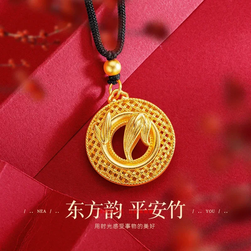 9999 Real Gold 24K Ethnic Stylenational Style Hollow Flower Silk Weaving Pattern Safety Buckle Bamboo Leaf Pendant Necklace