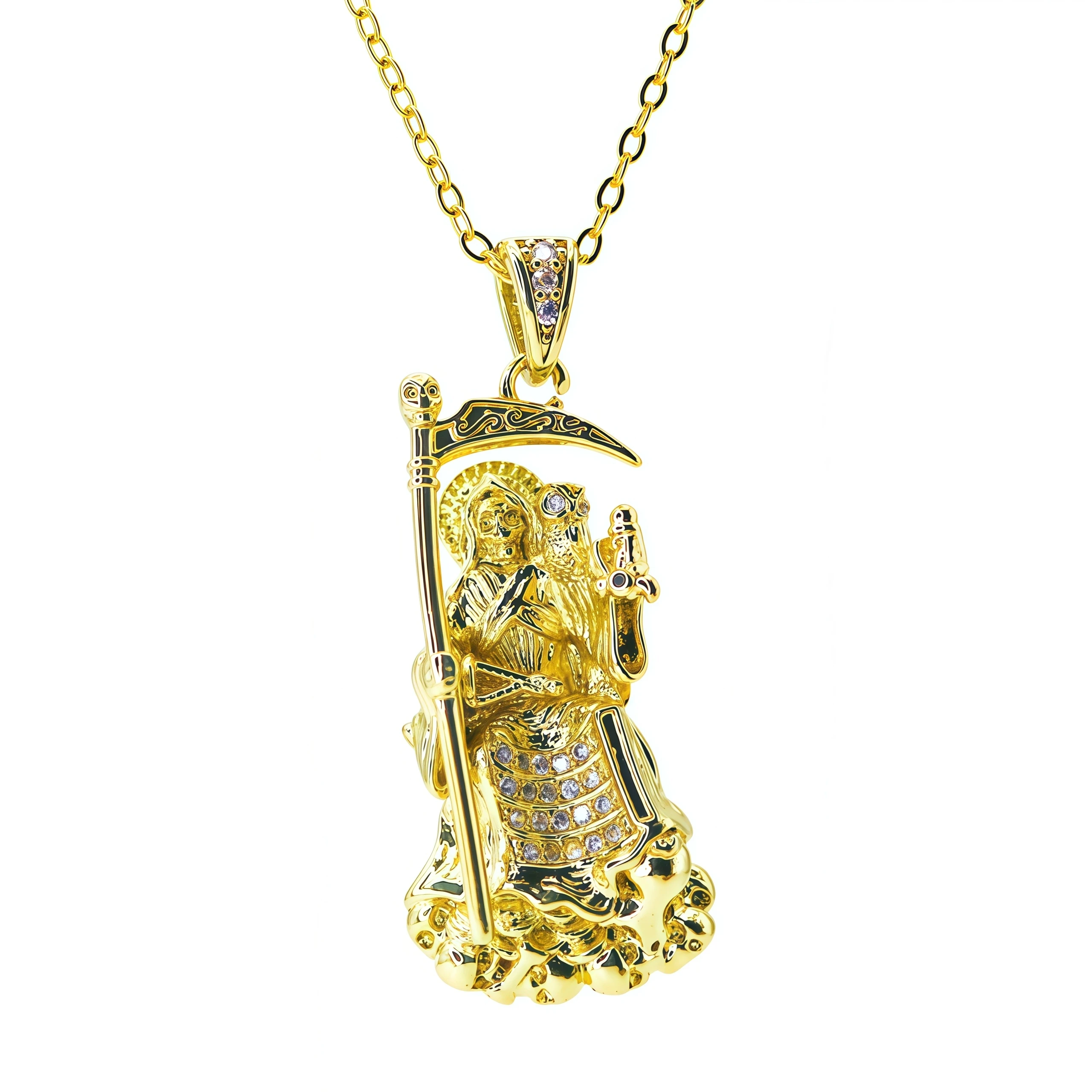Gold Plated CZ Santa Muerte Pendant Necklace Holy Death Grim Reaper Religious Amulet Jewelry for Men Women Gift for Believers