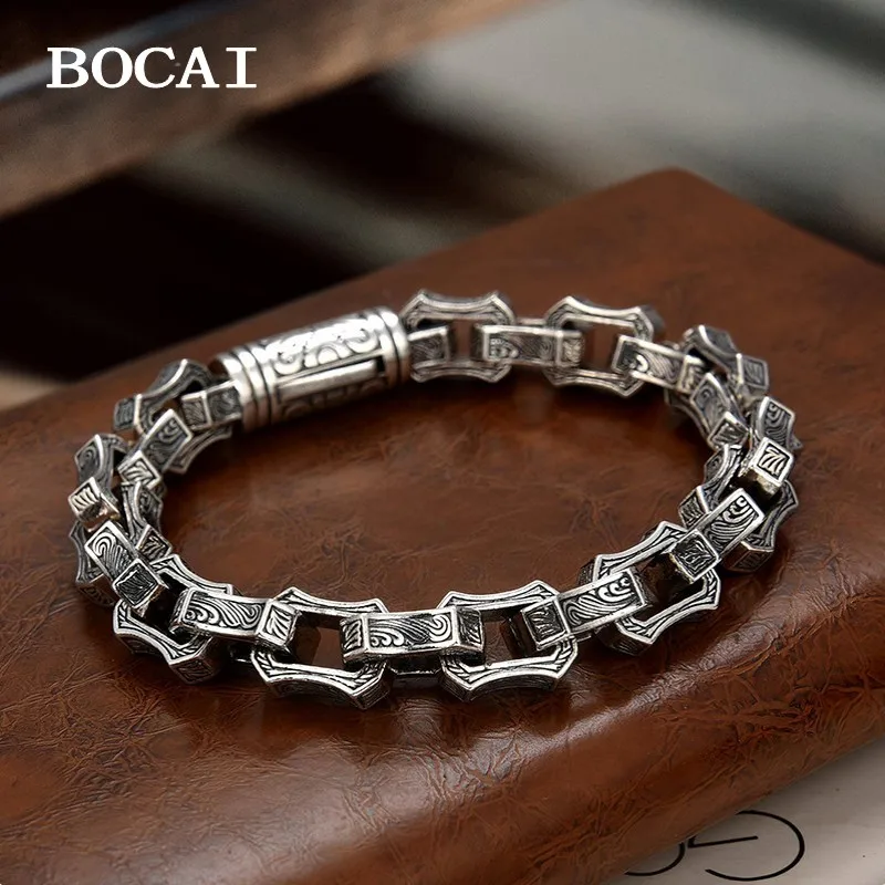 BOCAI New S925 Sterling Silver Retro Personalized Dominant Hip Hop Motorcycle Chain Vine Grass Pattern Bracelet Men's