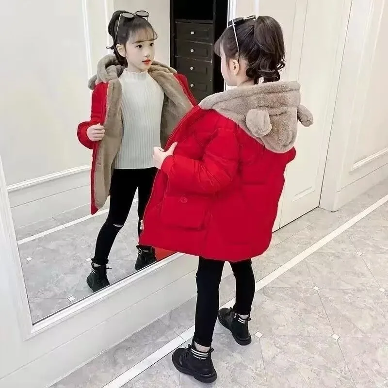 

2025 New Girls' Winter Down Jacket Mid-Length Faux Fur Lining Fluffy Coat Stylish Winter Coat