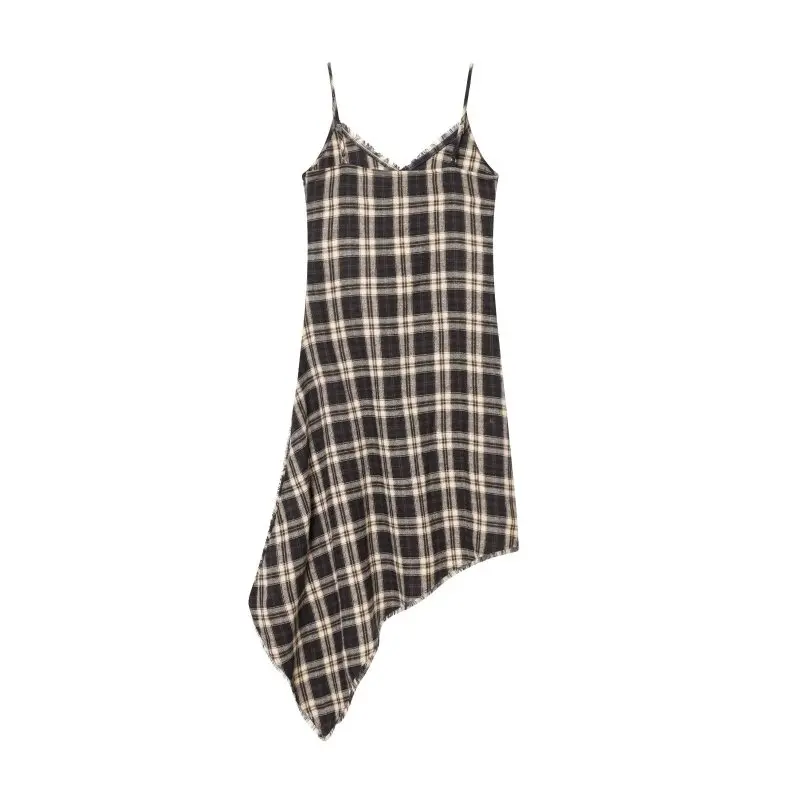 Sexy Halter Dress A-Line Asymmetry Hem Lace Edge Party Elegant Lady Thin Dress Simple Plaid Fashion Sleeveless Streetwear