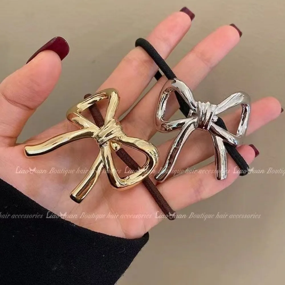 1/5Pcs Bowknot Hair Ties Metal Gold Silver Hair Bands Ropes Ponytail Holder Elegant Elastic Rubber Hair Scrunchies