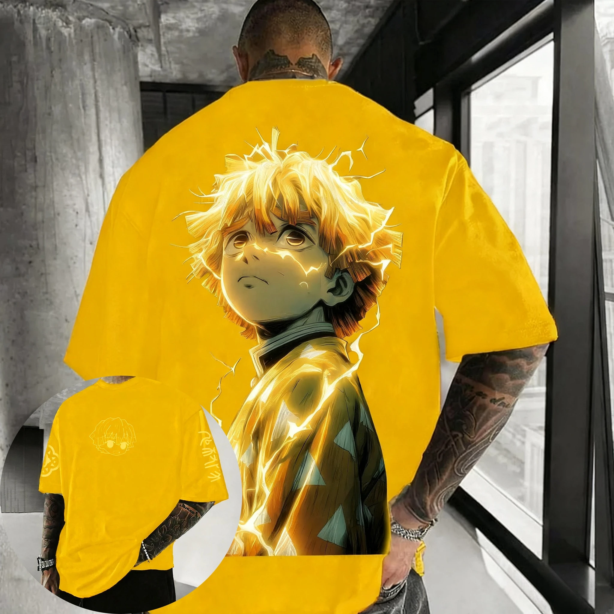 

Demon Slayer аниме Agatsuma Zenitsu футболка с принтом мужская летняя новинка Harajuku плюс размер тренд Y2K повседневный свободный топ для родителей и детей