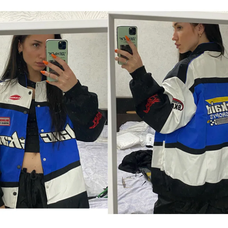 Retro Streetwear motocyklowe kurtki baseballowe męskie Harajuku wyszywane litery patchworkowe płaszcze Casual luźna kurtka Varsity unisex