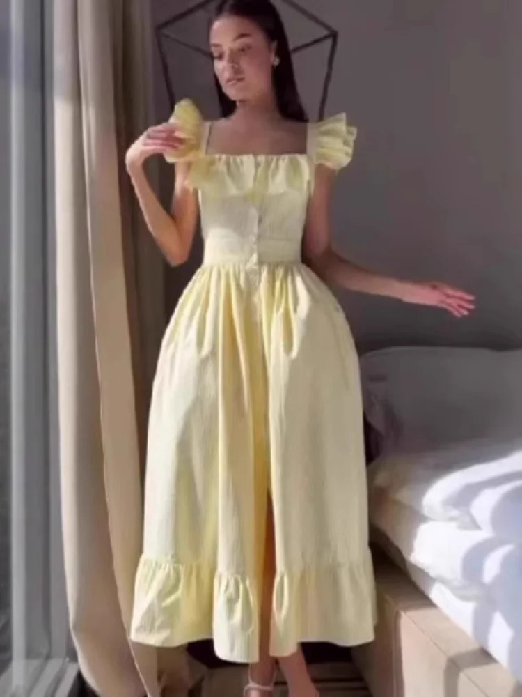 

Elegant Flying Sleeves A-line Dress Women Slim Fit Ruffle Square Neck Single Breasted Split Stripe Robe 2025 Summer Party Gowns