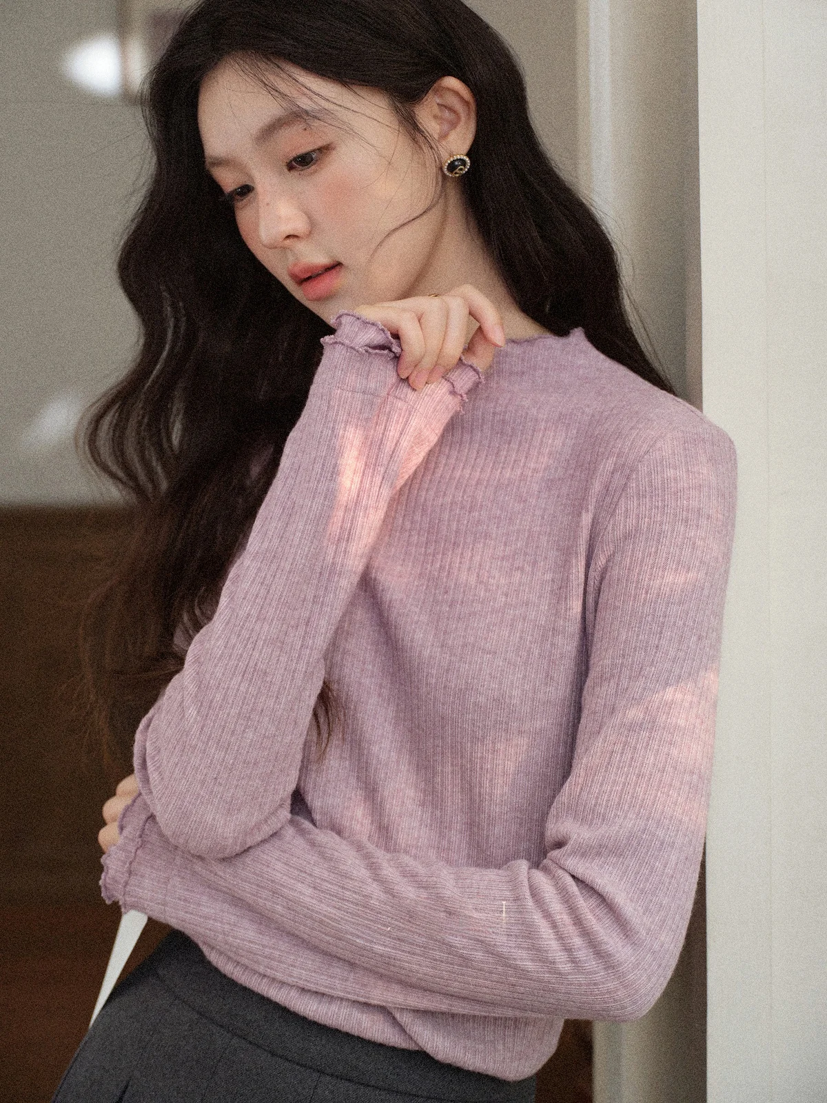 

Women's Knitted Long Sve Base irt f High Collar Inner Wear T-irt Purple Cheese Mud Autumn Winter Casual Loose Fit