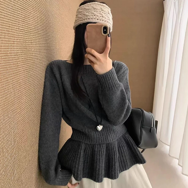 

Женские вязаные топы в корейском стиле с круглым вырезом, осень-зима, пуловеры с длинными рукавами и талией, шикарные теплые съемные свитера