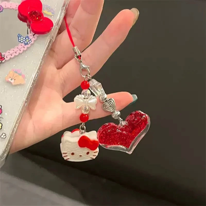 

Glitter Heart Hello Kitty Beaded Phone Chain Strap Sanrio KT Cat Charm Lanyard Pendant Earphone Case Bag Decor