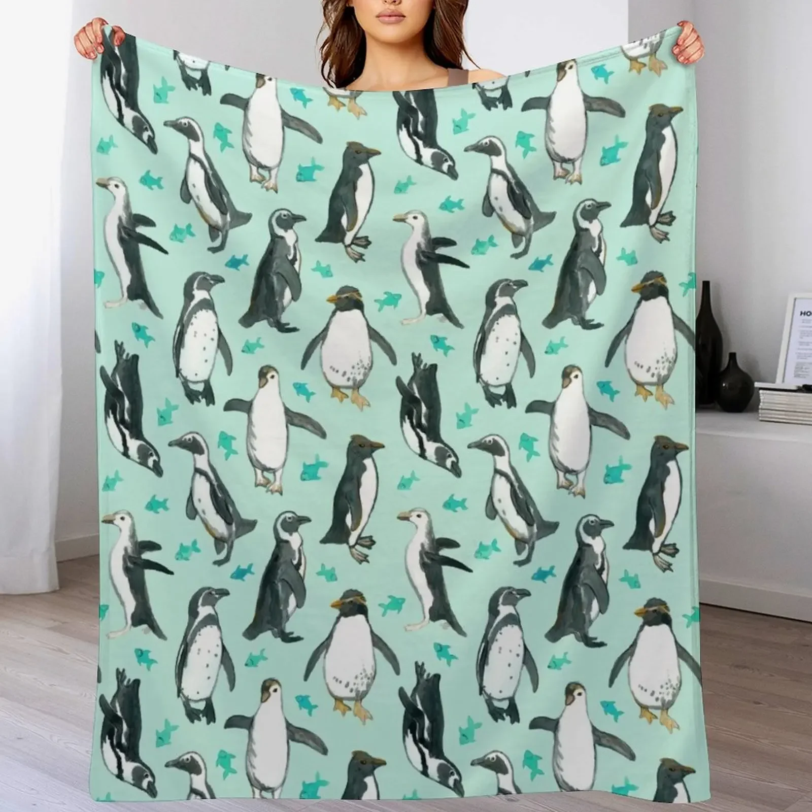 

Lots of Little Penguins on mint Throw Blanket Soft Plaid Bed linens Cute Plaid Flannel Blankets