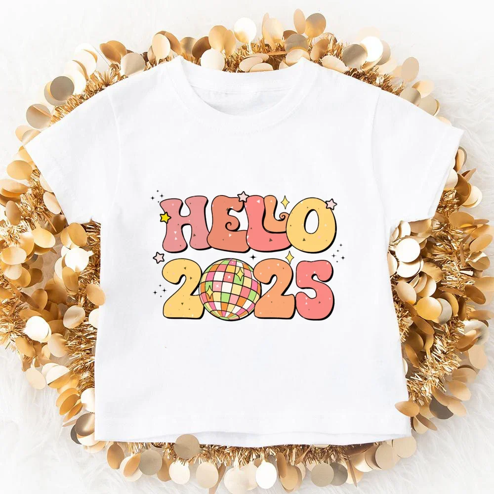 

Hello 2025 Happy New Year Printed Child Shirt Boys Girls Short Sleeve T-shirt Kids New Year Outfit Kids Short Sleeve Tee Tops