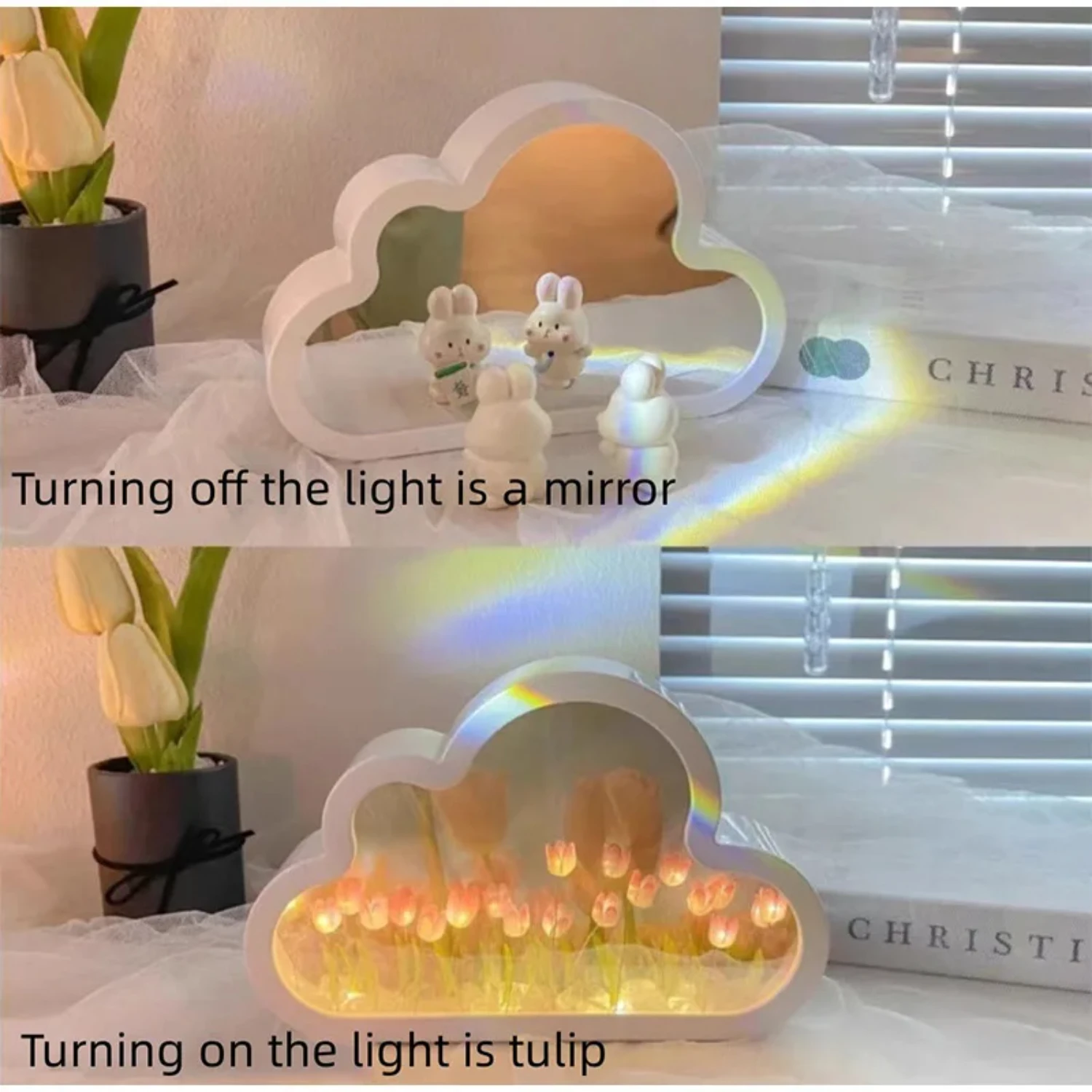 New DIY Cloud Tulip Mirror LED Night Light Photo Frame Table Lamps  Girl Bedroom Ornaments Bedside Handmade Birthday Gifts