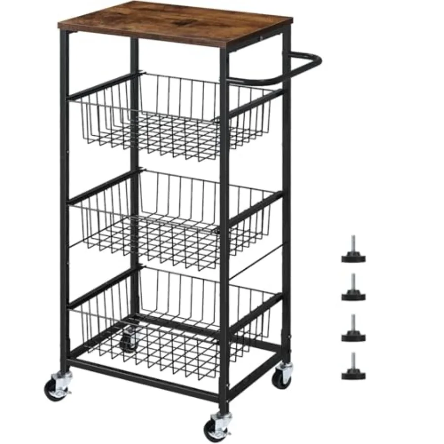 

4-уровневая кухонная тележка-стеллаж для хранения с выдвижными корзинами для фруктов, мобильная тележка для кладовой на колесиках, для кухни и ванной, коричневая