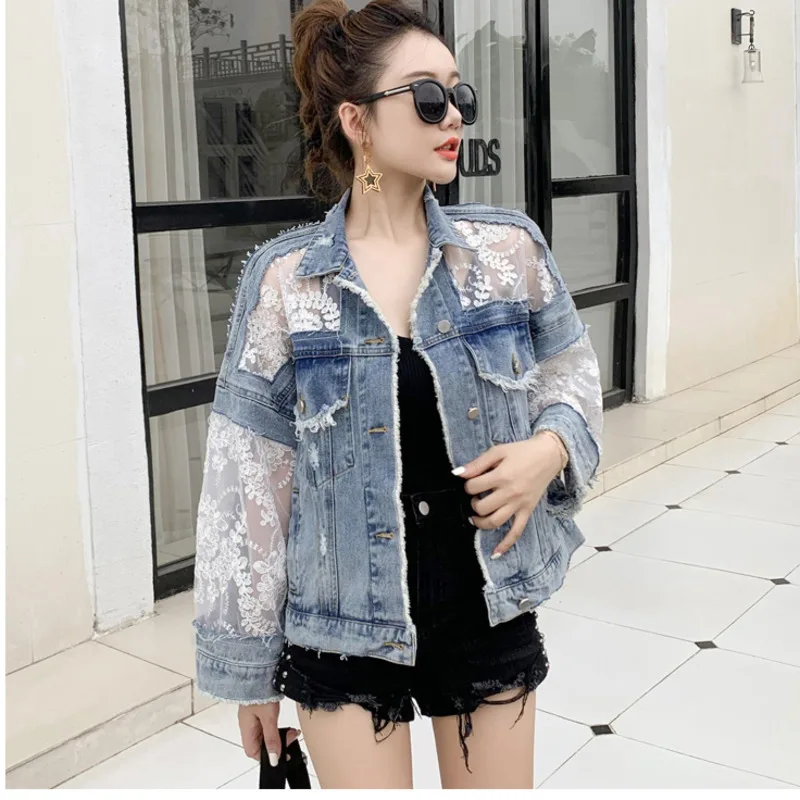 #3102 Spring Spliced Lace Short Jeans Jackets Women\'s Coat Loose Perspective Denim Jacket Women Long Sleeves Sexy Hollow Out