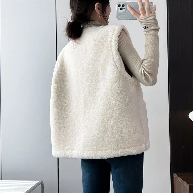 

Vintage Casual Loose Lamb Wool Vest Waistcoat Women's Overcoat Autumn Winter New Fashion All-match Thicke Warm Vest Jacket Tops