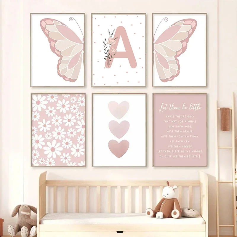 Arte de pared de mariposa rosa, impresiones de lienzo para guardería, pintura de sol, Arco Iris, Margarita, corazón, carteles, imágenes Kawaii para niños, decoración de habitación de niña