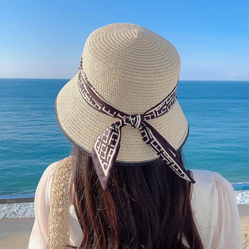 Summer ladies fashion beach ribbon straw hat outdoor travel vacation hat leisure sun hat show face small sun hat