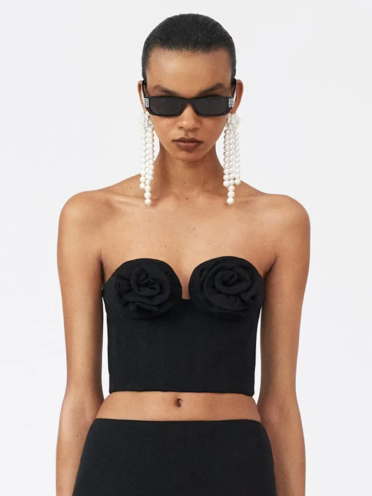 Women Summer Sexy Strapless Designer Flower Black Bandage Tops Celebrity Designer Fashion High Street Top