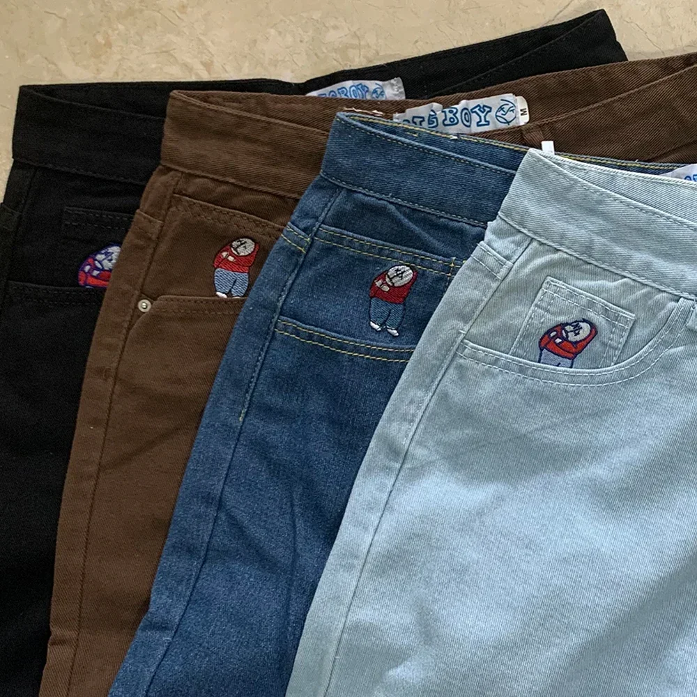 

Retro Punk Rock Pocket Embroidery Jeans Y2K Pants Streetwear High Waist Denim Trousers Gothic Cartoon Blue Sport Baggy Jeans
