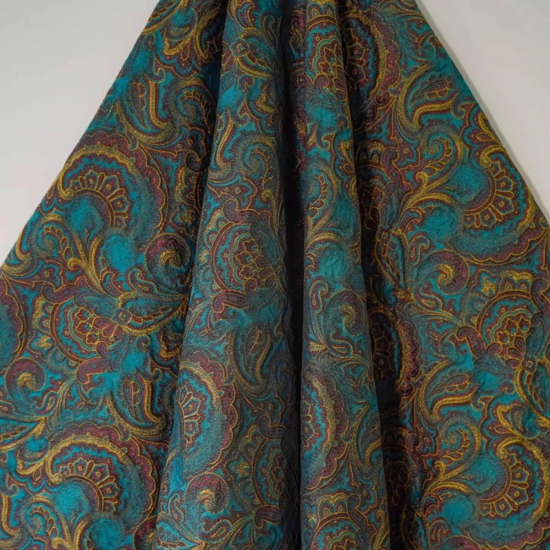 

1meter Chinese Ethnic Style Lake Blue Jacquard Gold Woven Embossed Vest Women Dress Coat Tang Suit Fashion Sewing Material