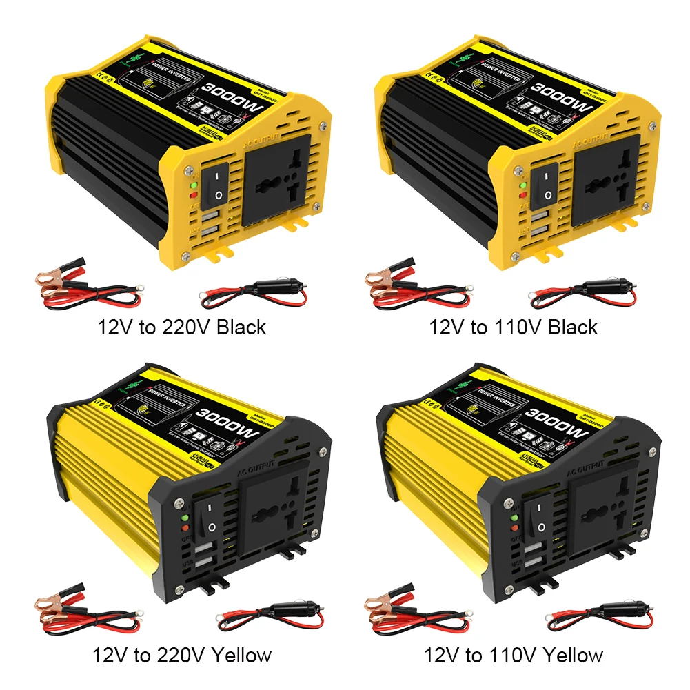 

Автомобильный преобразователь напряжения 3000 Вт, DC 12В в AC 110/220В, с двумя USB-портами, модифицированный синусоидальный инвертор, портативный автомобильный зарядный конвертер