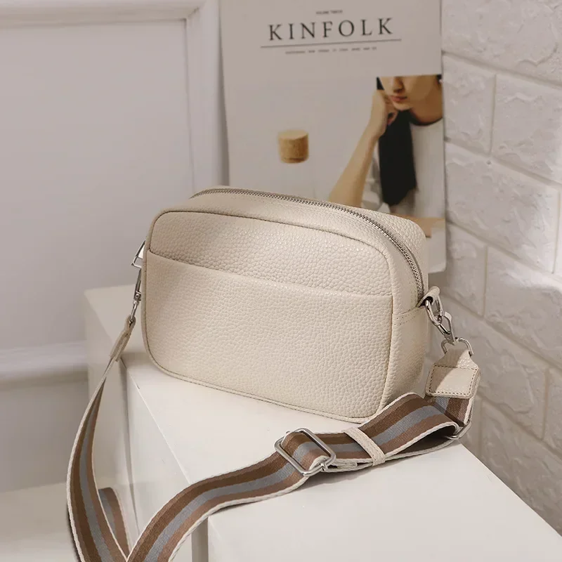 Solid Classic Purses and Handbags Women Wide Fabric Strap Crossbody Bag PU Ladies Luxury Daily Use Zipper Shoulder Bags