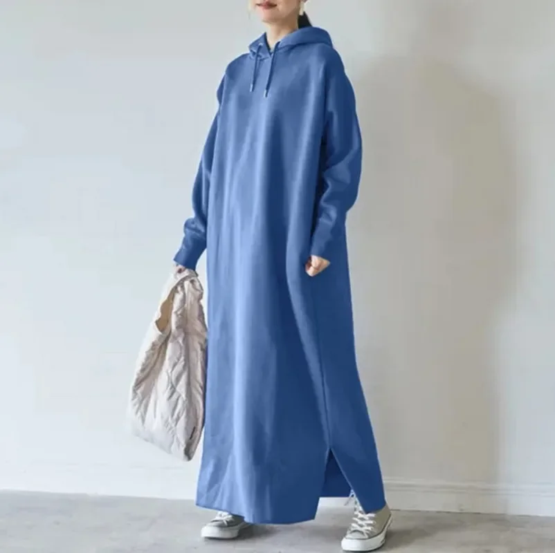 Casual Hooded Vestidos 2024 Autumn Solid Sweatshirt Dress Women Oversized Hoodies Robe Y2k Oversized Warm Hooded Maxi Dress 원피스