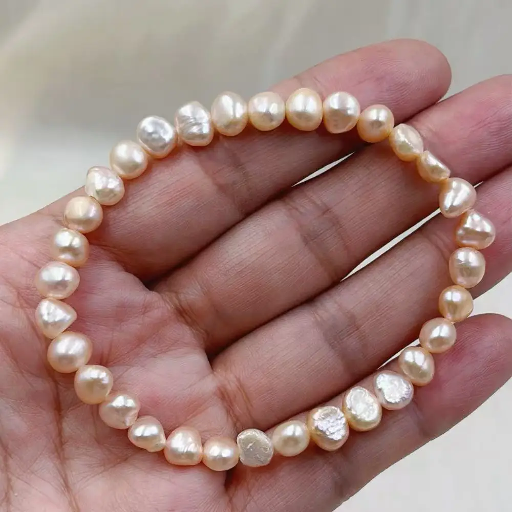 6-7mm  Women Jewelry Pink Potato Shape Beads Baroque Natural Freshwater Pearl Elastic Stretchable Bracelet