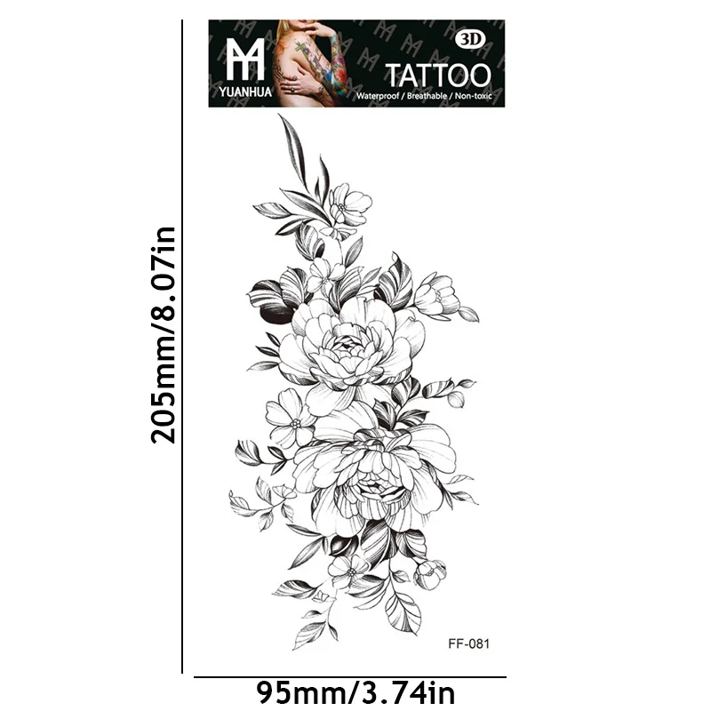 Water Transfer Black Flower Paster Temporary Waterproof Tattoos Sticker Fashion Sketch Rose Tattoos Sticker Body Art Decoration