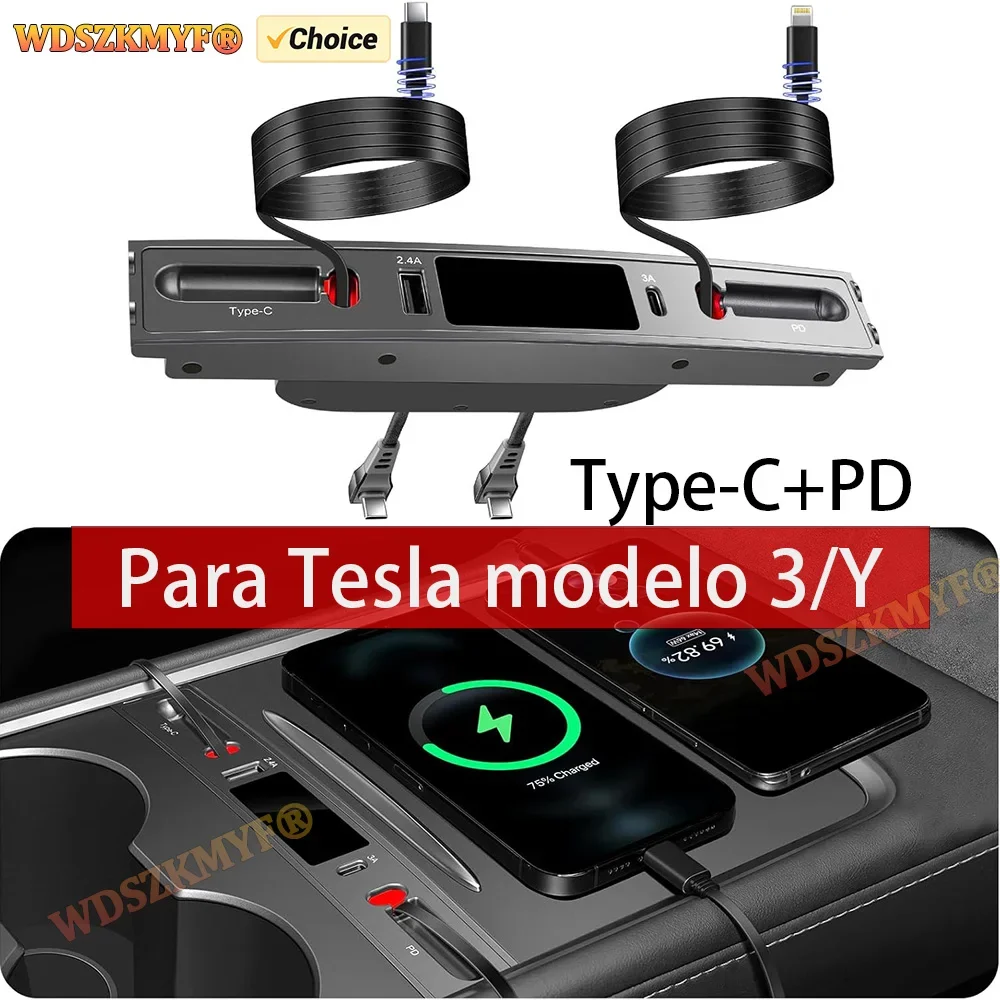 4in1 Center Console USB Hub Compatible for Tesla Model 3 Model Y Accessories 2023-2021 Fast Charge with Retractable Cable