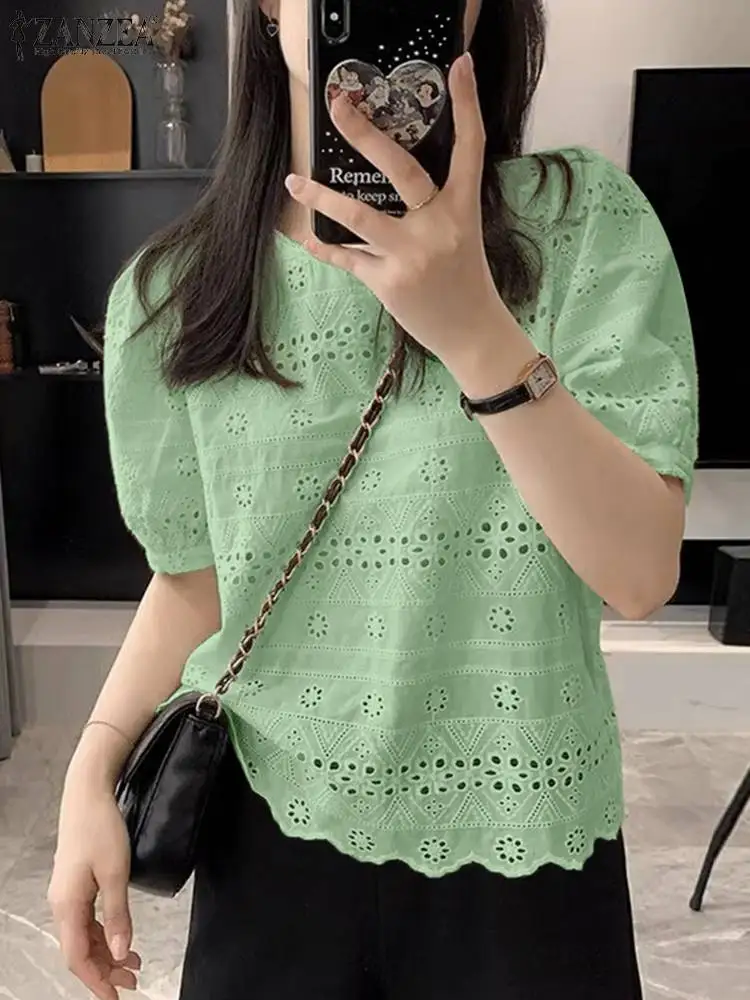 ZANZEA Korean Fashion Hollow Out Shirts Solid Lace Embroidery Women O Neck Blouses Puff Short Sleeve Casual Summer 2024 Blusas