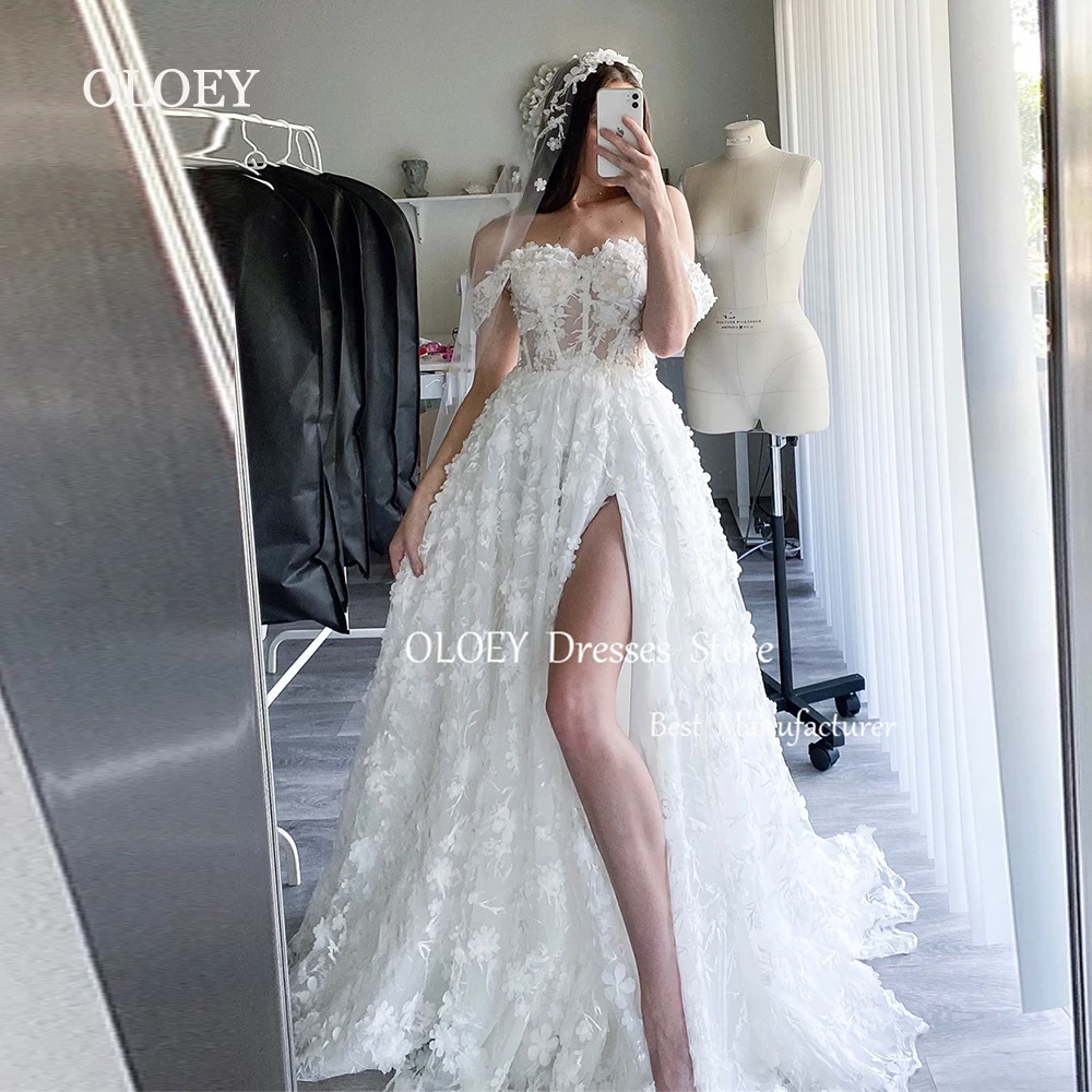 

OLOEY Luxury Lace Ivory A Line Wedding Dress Side Slit Off Shoulder Bridal Gown Floor Length Sweetheart Custom Vestidos De Novia