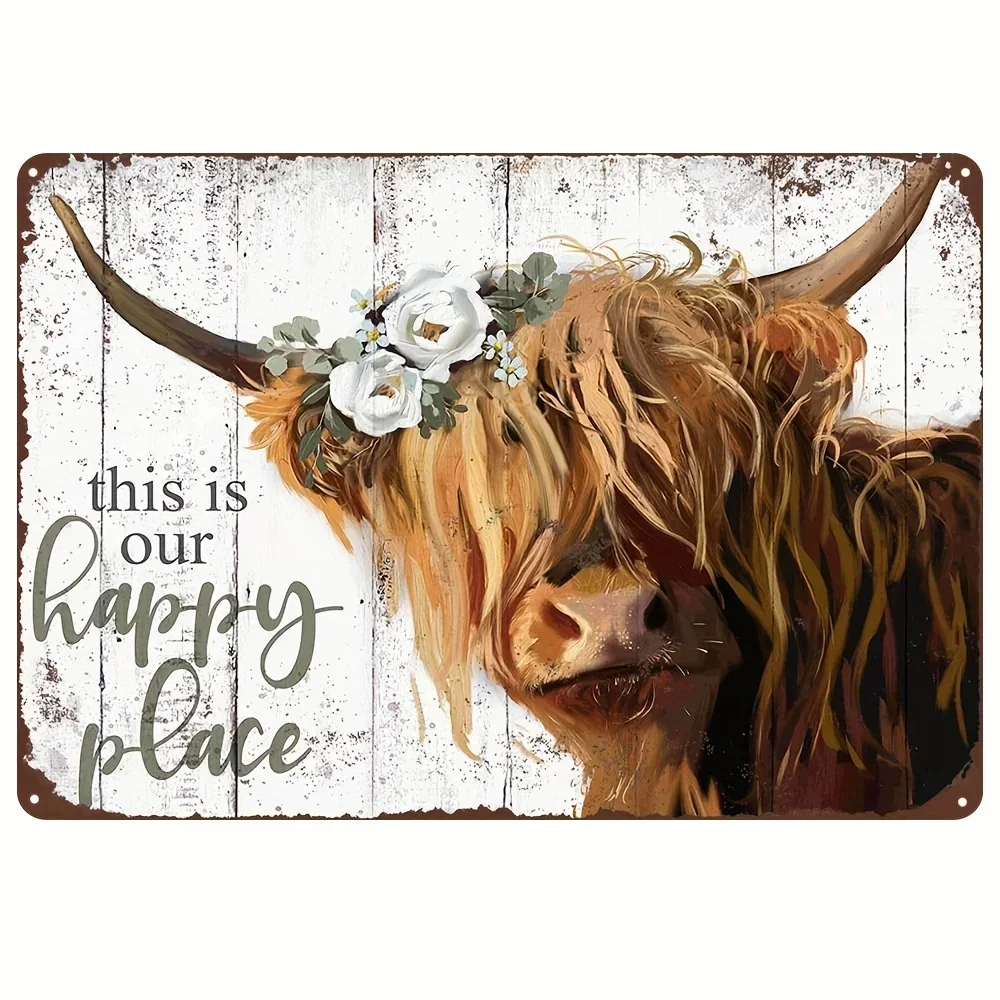 1pc Metal Sign Highland Cow Wall Art This Is Our Happy Place Inspirational Long Haired Scottish Cow With White Flower Picture