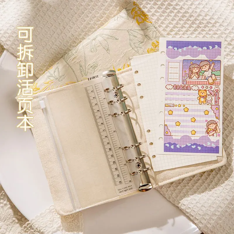 A6 A5 6穴ルーズリーフノート、3D花柄ファブリックカバー付き日記帳、詰め替え用紙付き、取り外し可能なバインダー、学生へのギフト