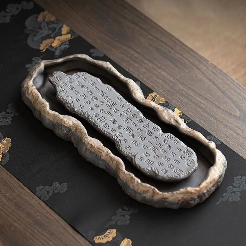 Vintage Tea Tray, Gilded Zen Heart Sutra Tea Tray, Coarse Ceramic Tea Tray, Household Water Storage, High-end Dry Brewed New Tea