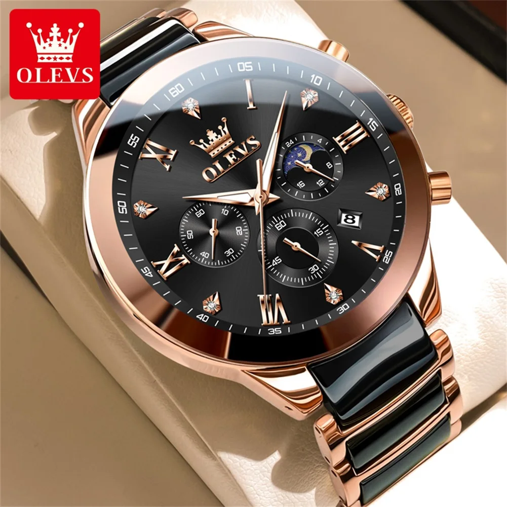 OLEVS Luxury Man Watch Elegant Ceramics Strap Men\'s Wristwatch Waterproof Chronograph Moon Phase Auto Date Quartz Watch for Men