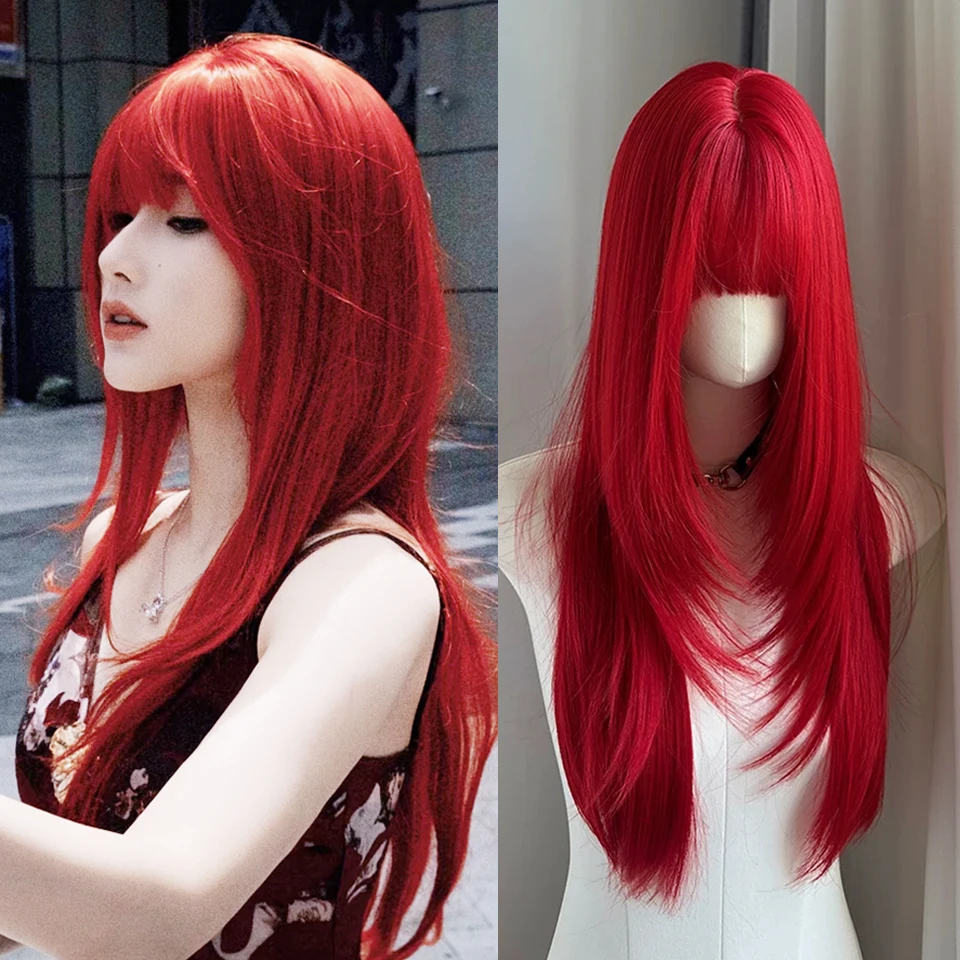 Long Straight Wigs for Women Burgundy Wine Red Synthetic Wig With Bangs Heat Resistant For Women Halloween Cosplay Hair